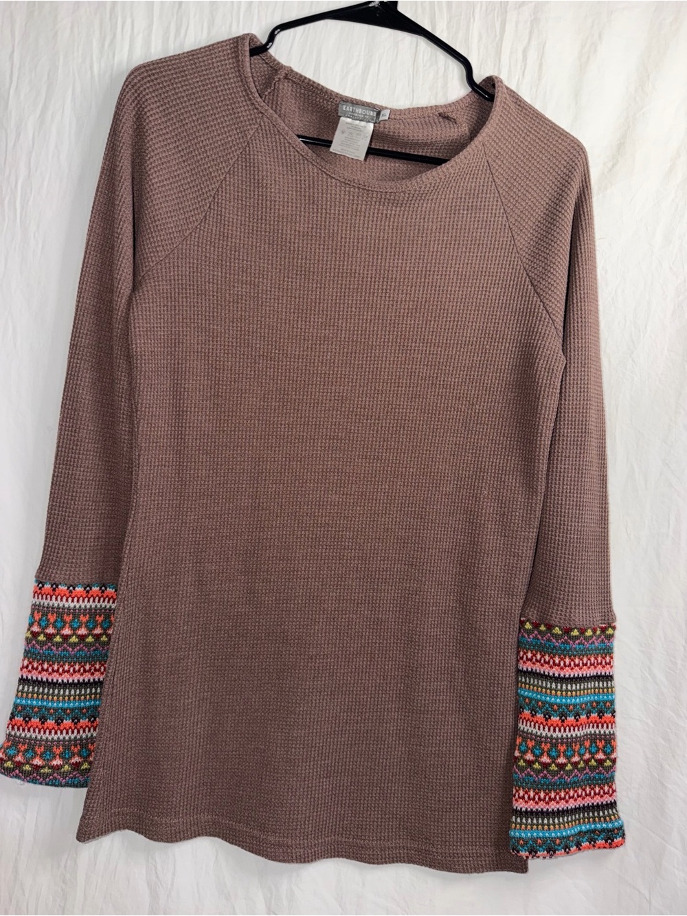 Earthbound Trading Co. Waffle Knit Long Sleeve Top Fair Isle Cuffs XL